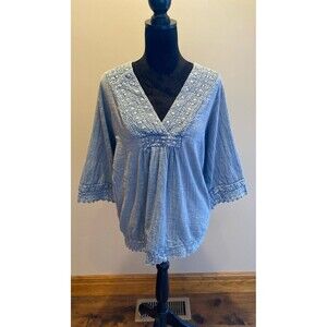 Rachel & Zoe Blouse Plus Size 1X Boho Pleasant Top Chambray Lace V Neck Flowy